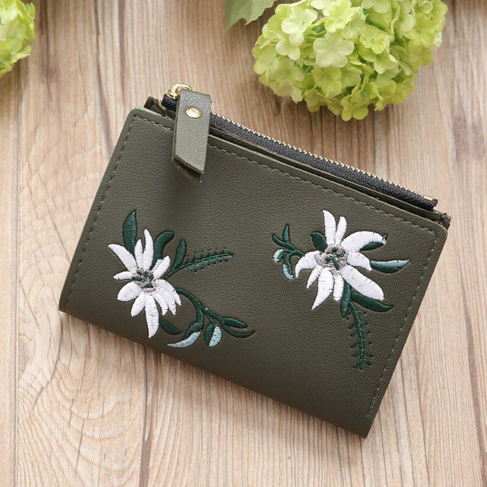 Branded Small Wallet for Women Leather Bag Credit Cards Holder Mini Bifold Pocket Purse-dark green