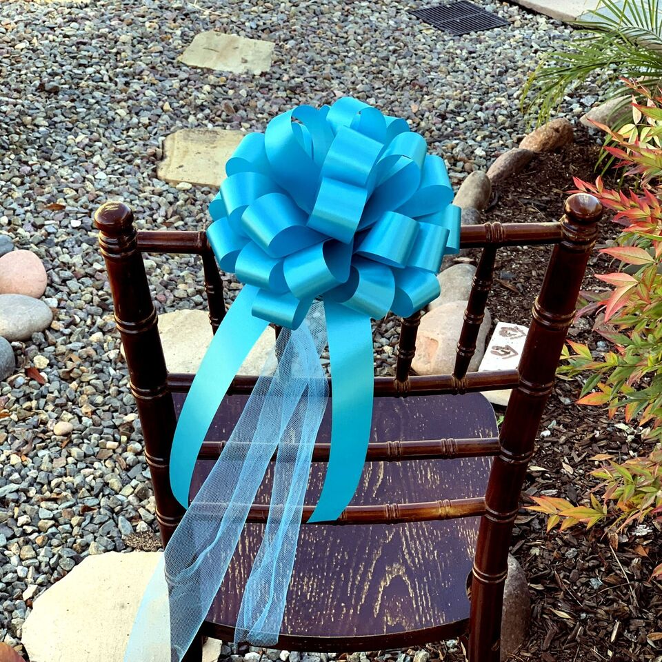 GiftWrap Etc. Turquoise Wedding Pull Bows with Tulle Tails - 8" Wide, Set of 6, Easter