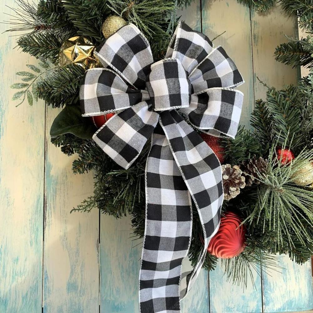 GiftWrap Etc Buffalo Plaid Christmas Wreath Bow - 10" Wide, 18" Long Pre-Tied Bow Black White