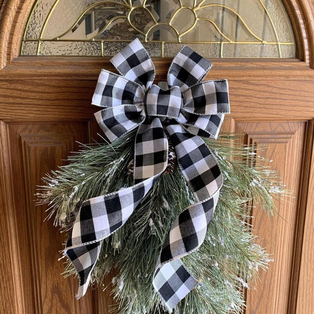 GiftWrap Etc Buffalo Plaid Christmas Wreath Bow - 10" Wide, 18" Long Pre-Tied Bow Black White