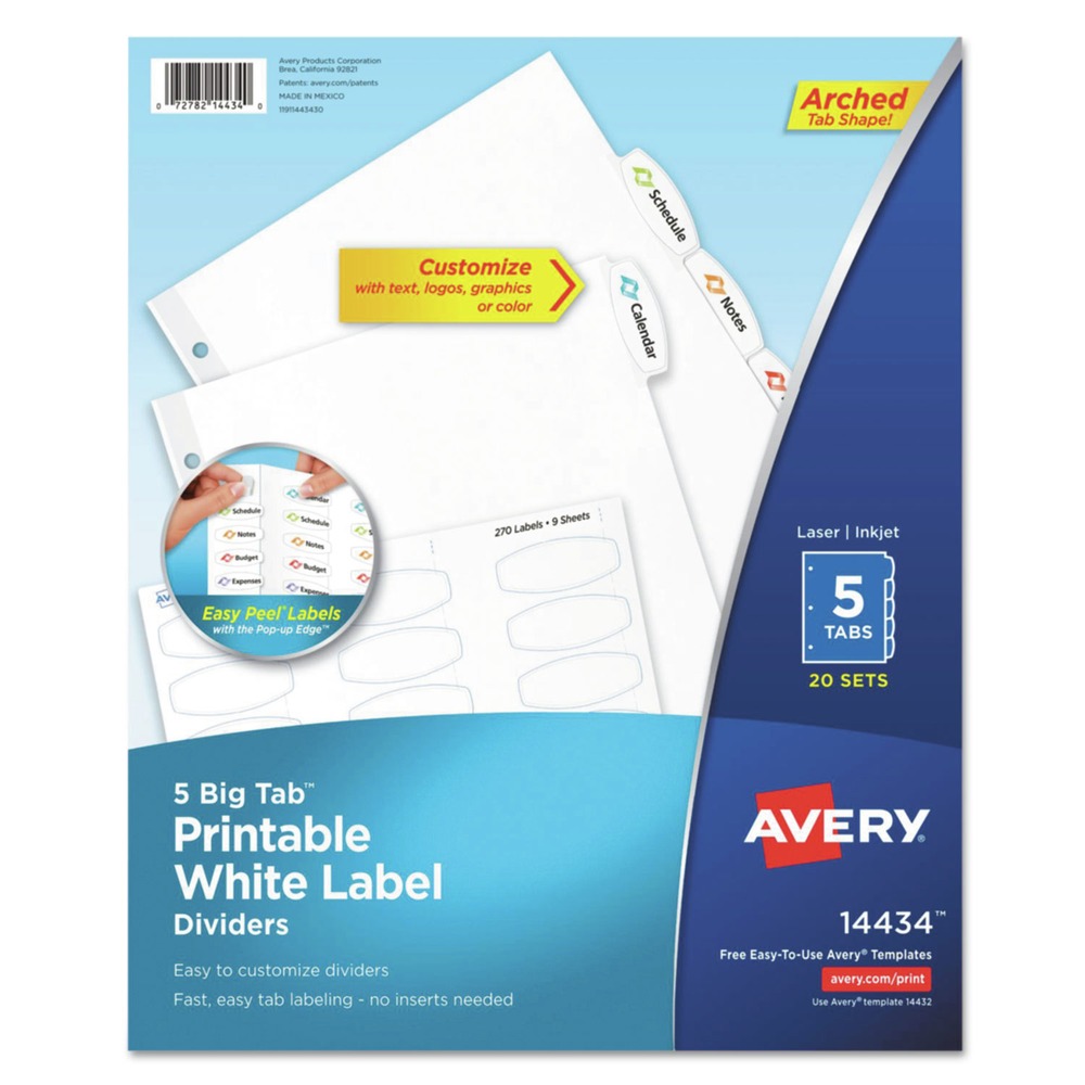 Avery 14434 Big Tab 5-Tab 11 in. x 8.5 in. Printable Label Tab Dividers -  White (20/Pack)