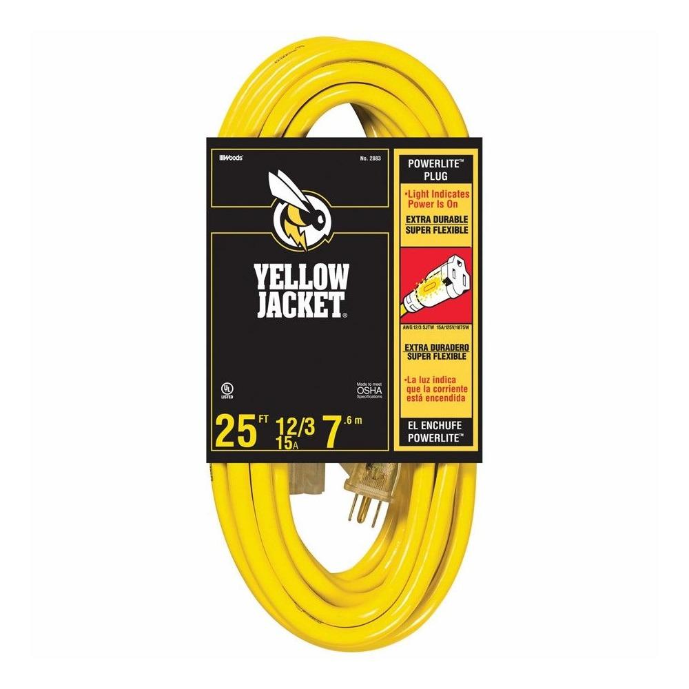 Yellow Jacket 2883 125V 15 Amp 1625W 25 ft. 12/3 SJTW Heavy-Duty Lighted Extension Cord