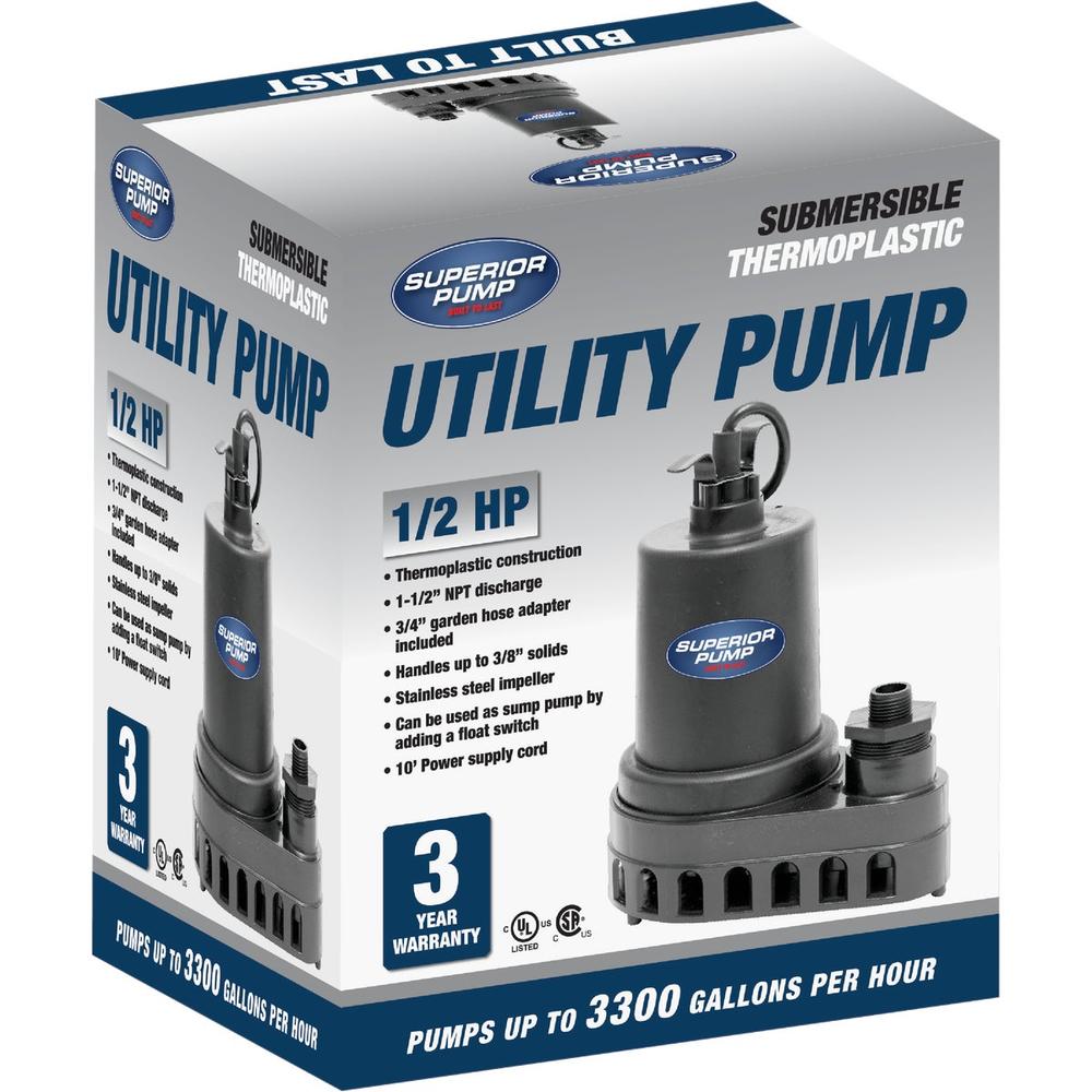 Superior Pump 91570 Superior Pump 1/2 HP 3300 GPH Thermoplastic Submersible Utility Pump 91570