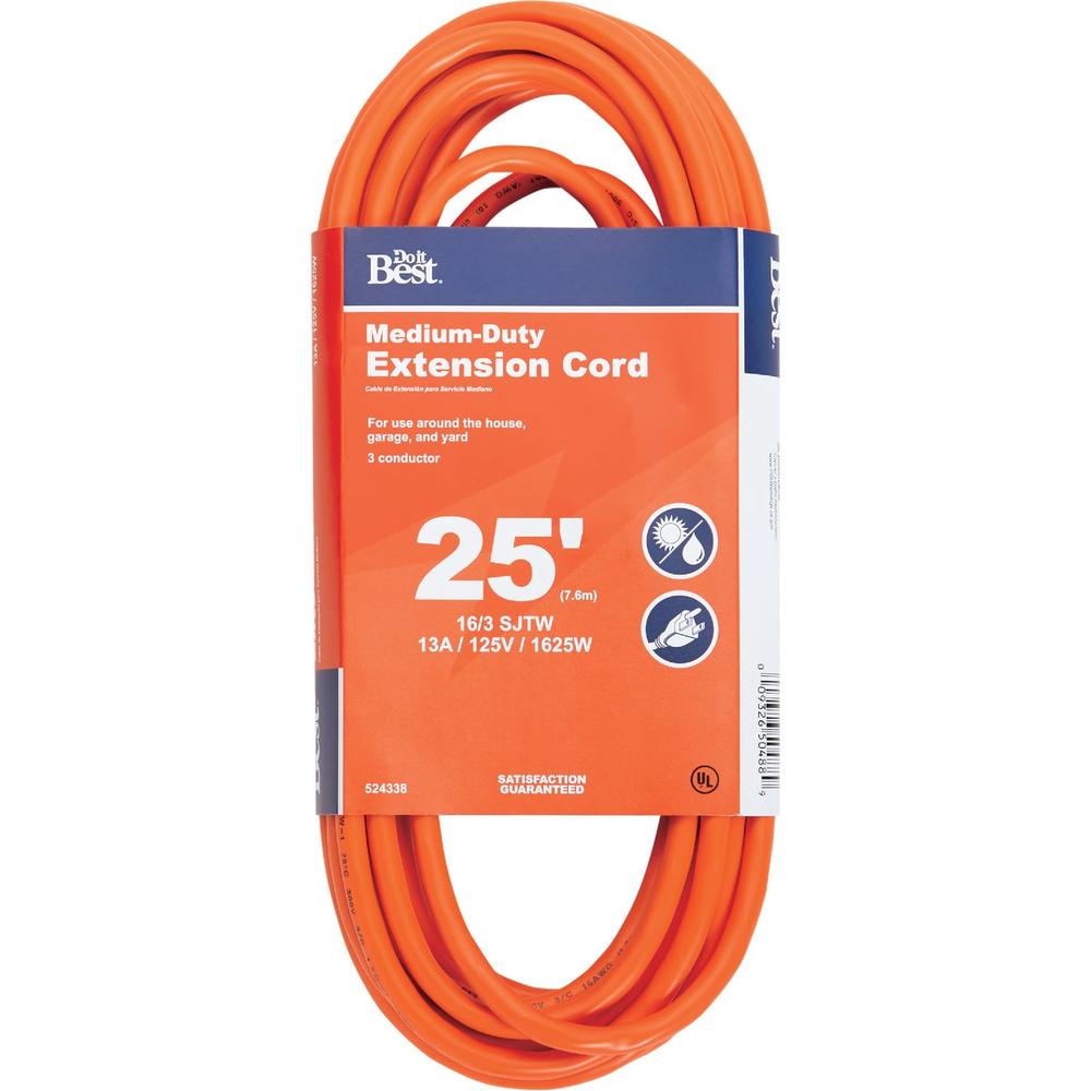 SIM Supply, Inc. OU-JTW163-25-OR Do it Best 25 Ft. 16/3 Outdoor Extension Cord OU-JTW163-25-OR