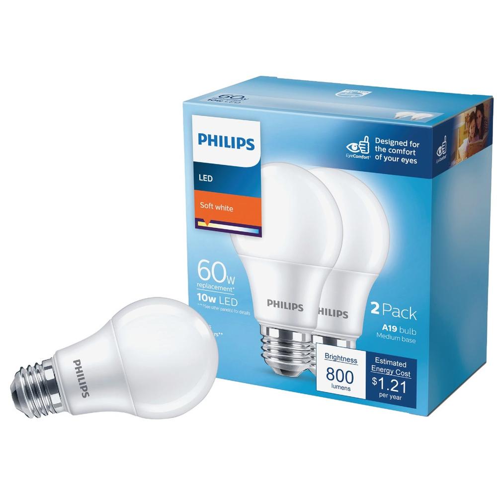 Philips 565440 Philips 60W Equivalent Soft White A19 Medium LED Light Bulb (2-Pack) 565440