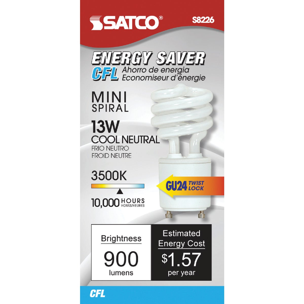 Satco S8226 Satco 60W Equivalent Neutral White GU24 Base T2 Spiral CFL Light Bulb S8226