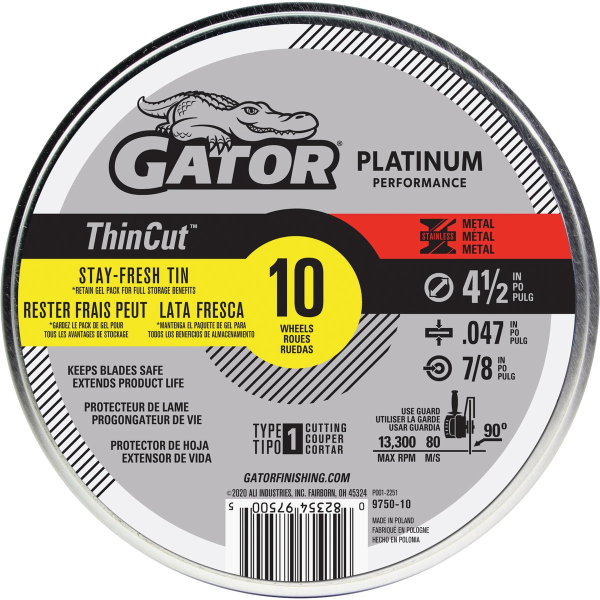 Gator 975010 Gator Blade ThinCut Type 1 4-1/2 In. x 0.047 In. x 7/8 In. Metal/Stainless Cut-Off Wheel (10-Pack) 975010