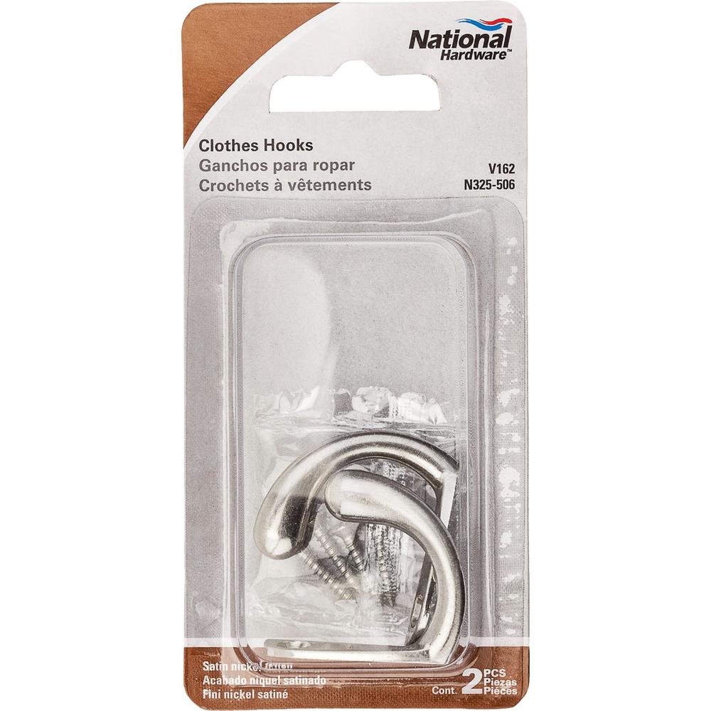 National N325506 National Satin Nickel Single Clothes Wardrobe Hook, 2 per Card N325506