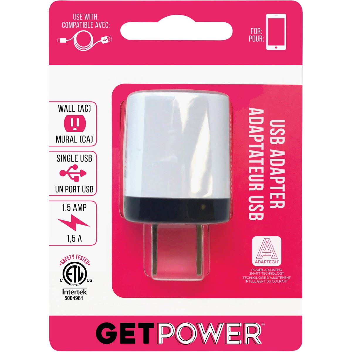 GetPower GP-ACETL-BLK GetPower Single USB to AC White Wall Adapter Charger GP-ACETL-BLK