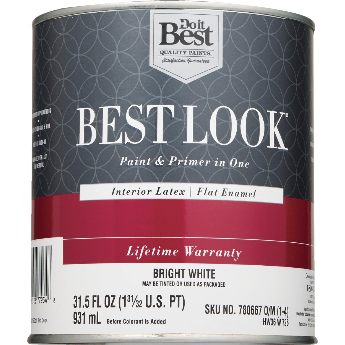 Best Look SIM Supply, Inc. HW36W0726-14 Best Look Latex Premium Paint & Primer In One Flat Enamel Interior Wall Paint, Bright White, 1 Qt.