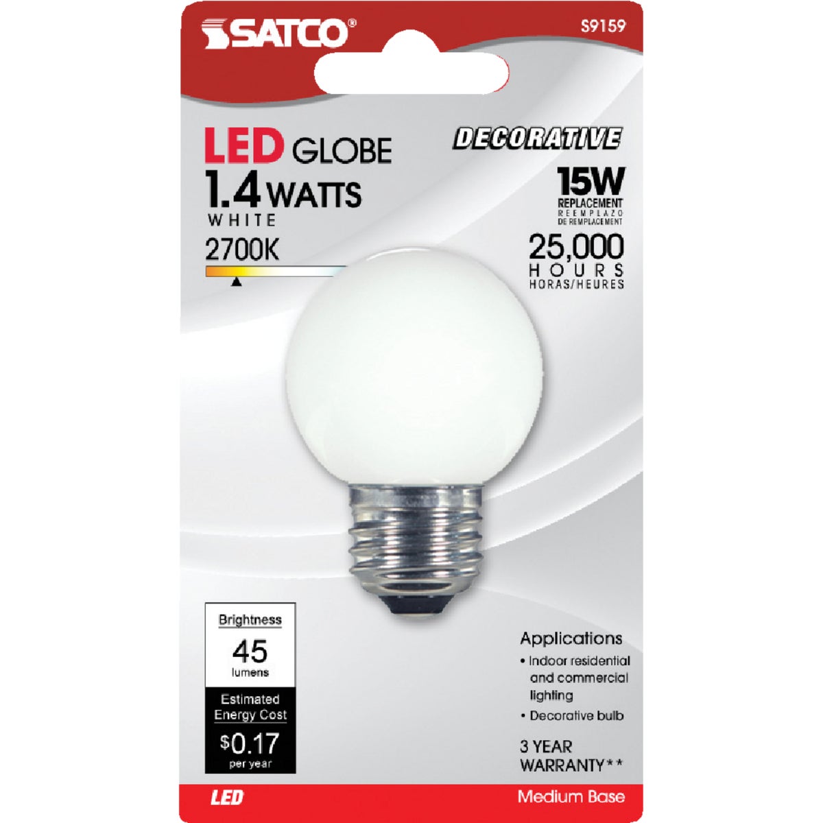 Satco S9159 Satco 15W Equivalent Soft White G16.5 Medium LED Decorative Globe Light Bulb S9159