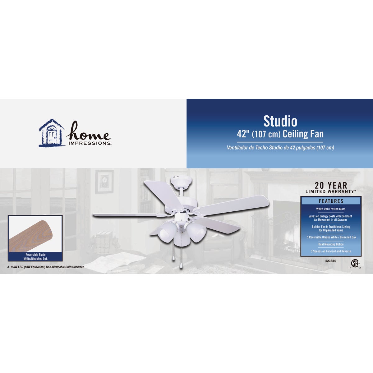 Home Impressions CF42STU5WH-B Home Impressions Studio 42 In. White Ceiling Fan with Light Kit CF42STU5WH-B