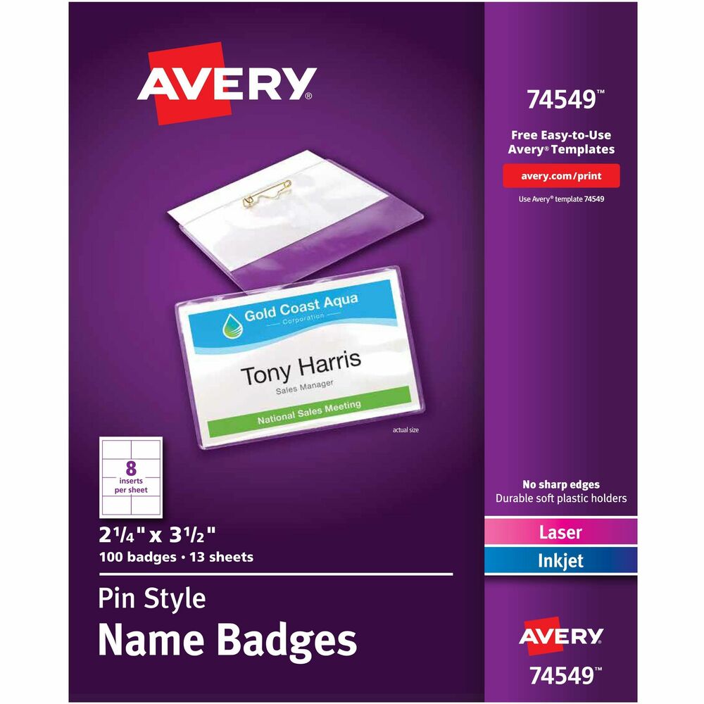Avery&reg; 74549 Avery&reg; Pin-Style Name Badges - 3 1/2" x 2 1/4" - 100 / Box - White, Clear
