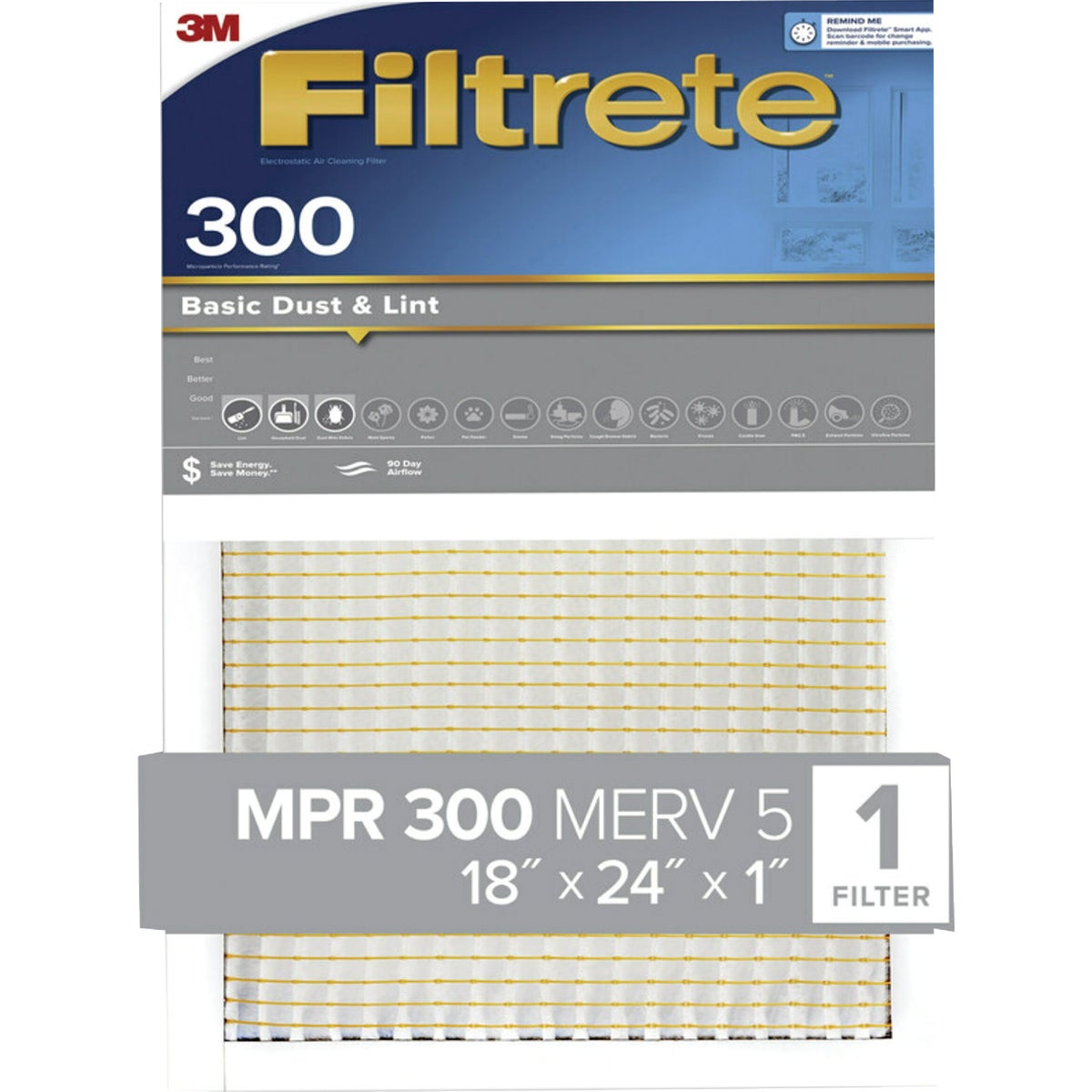 3M 321-4 3M Filtrete 18 In. x 24 In. x 1 In. Basic Dust & Lint 300 MPR Furnace Filter 321-4 Pack of 4