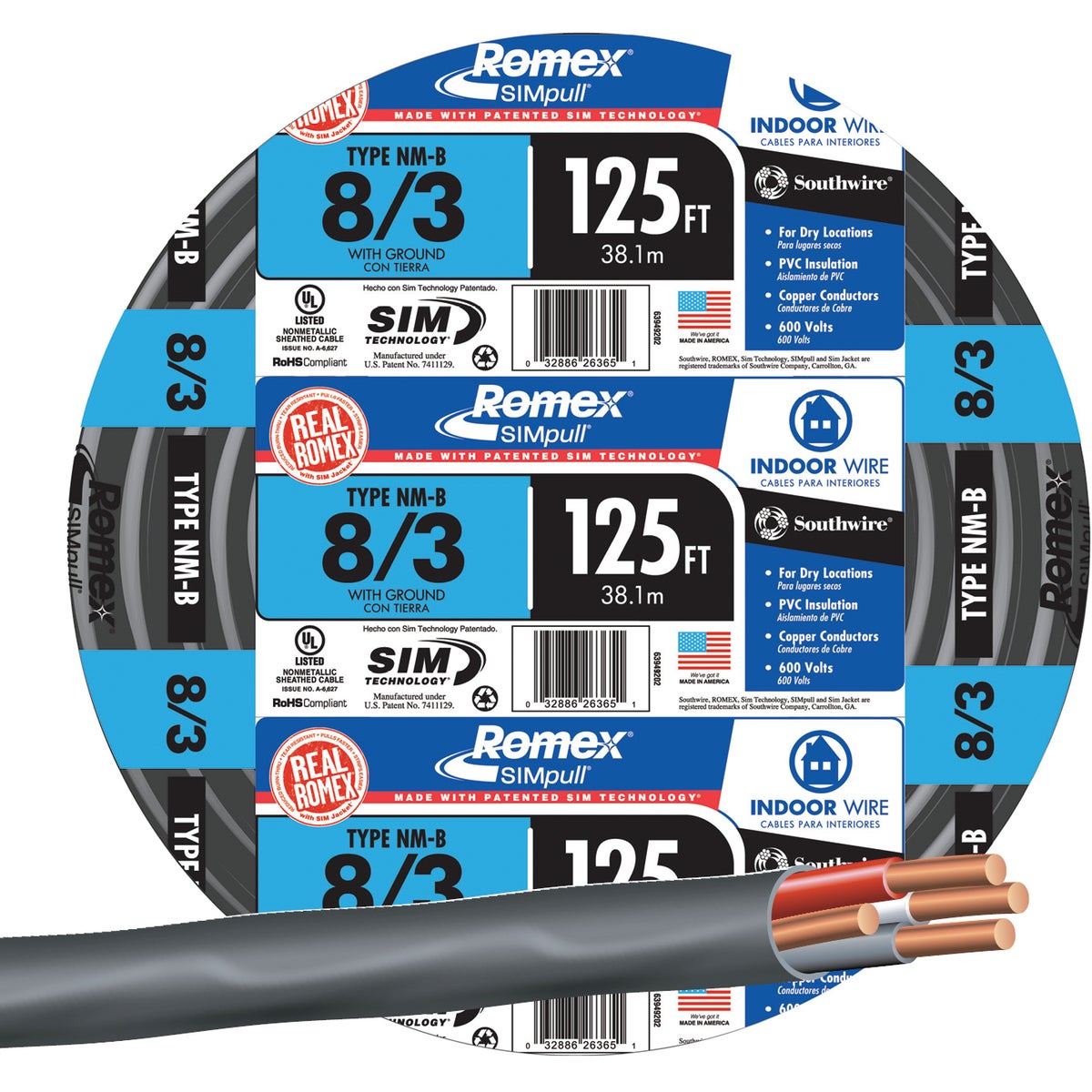 Romex 63949202 Romex 125 Ft. 8/3 Stranded Black NMW/G Electrical Wire 63949202