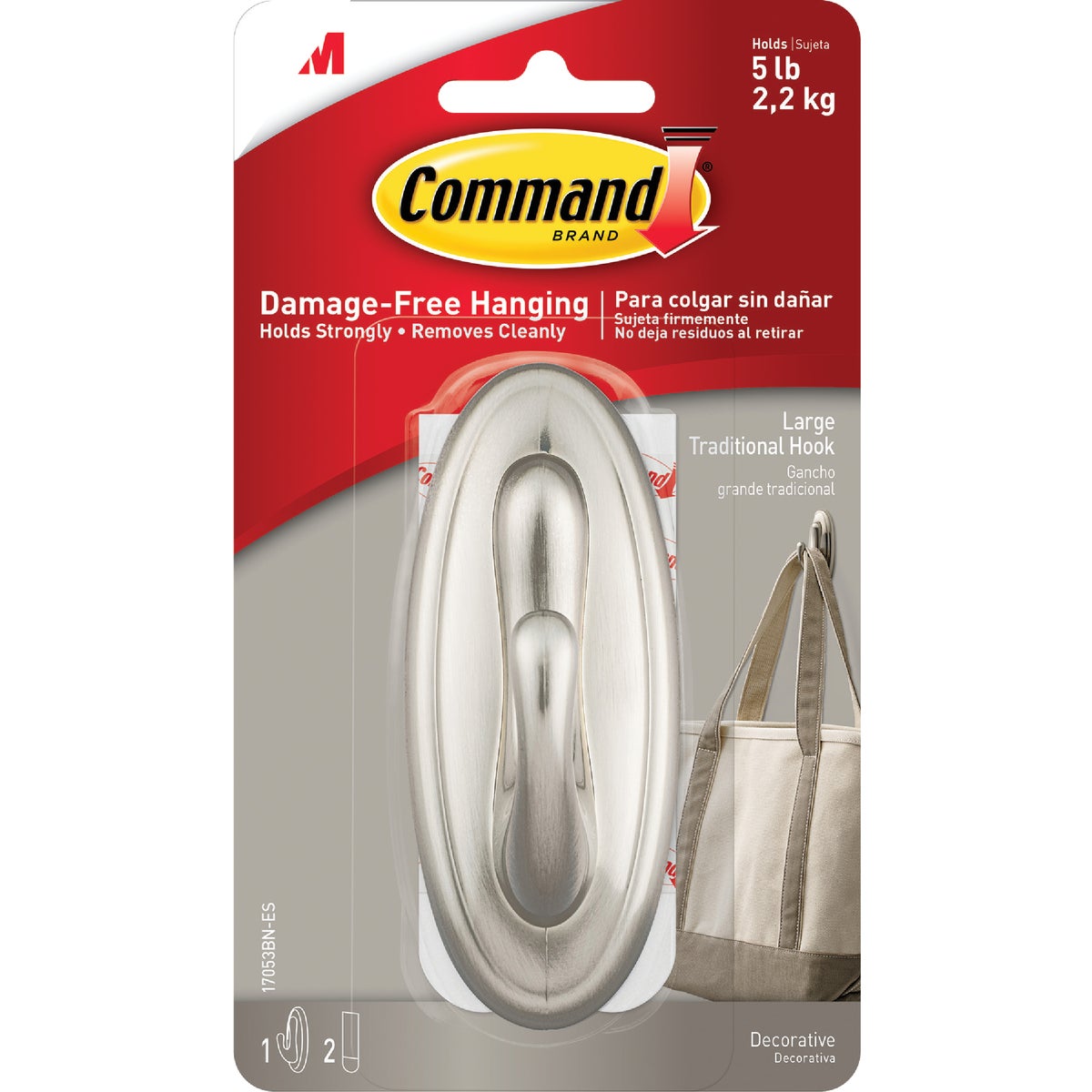 Command 17053BN-ES Command Large Traditional Hook, Brushed Nickel, 1 Hook, 2 Strips 17053BN-ES