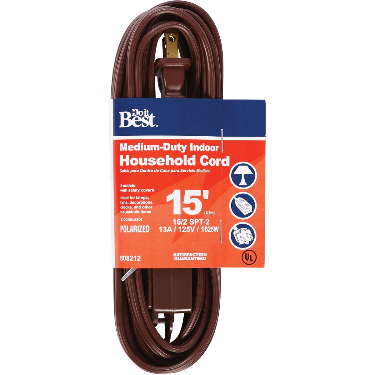 SIM Supply, Inc. IN-PT2162-15X-BR Do it Best 15 Ft. 16/2 Brown Cube Tap Extension Cord IN-PT2162-15X-BR