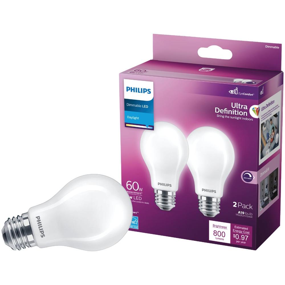 Philips 573444 Philips Ultra Definition 60W Equivalent Daylight A19 Medium LED Light Bulb, Frosted (2-Pack) 573444
