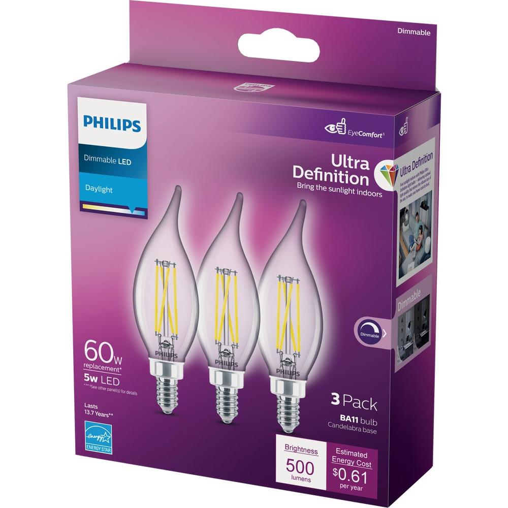 Philips 564898 Philips Ultra Definition 60W Equivalent Daylight BA11 Candelabra LED Decorative Light Bulb (3-Pack) 564898