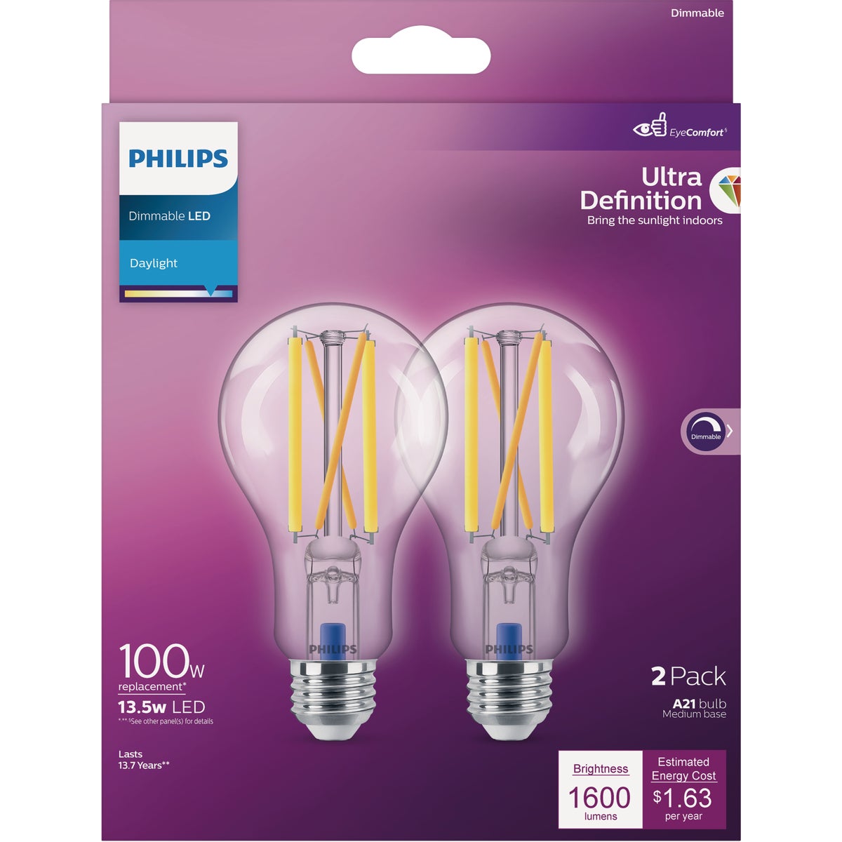 Philips 573675 Philips Ultra Definition 100W Equivalent Daylight A21 Medium Dimmable LED Light Bulb, Clear (2-Pack) 573675