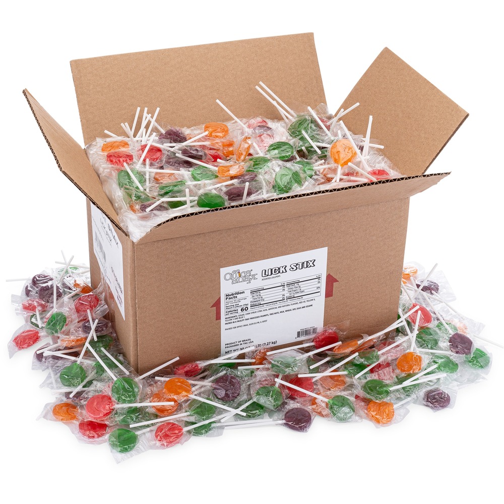 Lick Stix Office Snax 00654 Office Snax Assorted Lollipops - Assorted - Individually Wrapped - 5 lb - 1 Carton