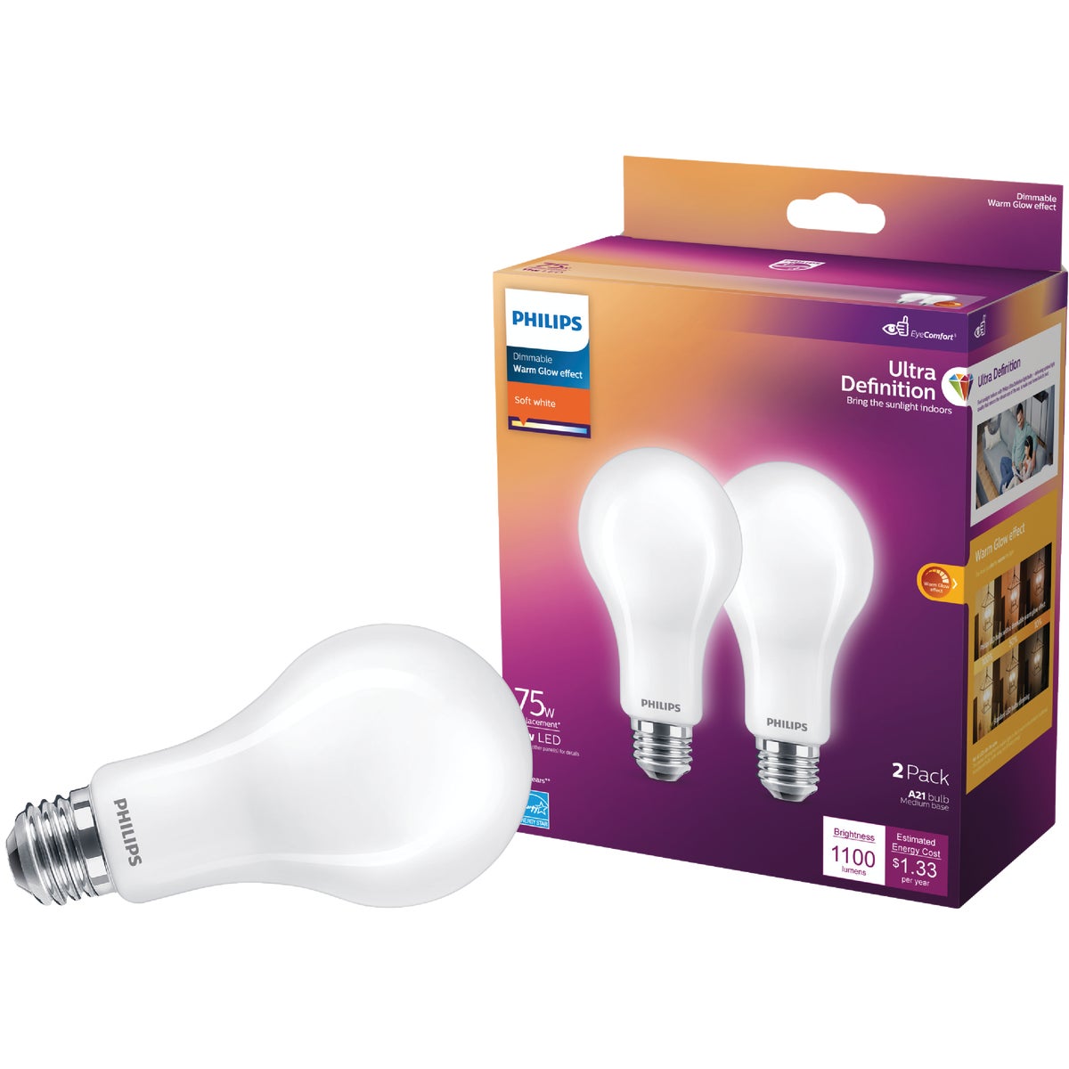 Philips 573493 Philips Ultra Definition Warm Glow 75W Equivalent Soft White A21 Medium LED Light Bulb (2-Pack) 573493