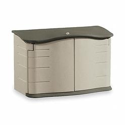 Rubbermaid Commercial Products FG374801OLVSS Outdoor Storage Shed: 18 cu ft Capacity, Green/Tan, 47 in x 21 in x 29 in, Horizont