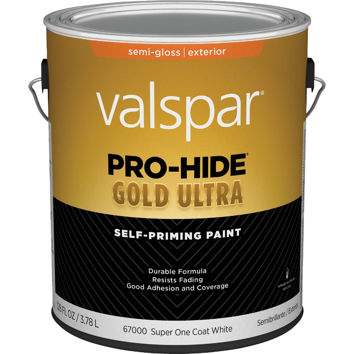 PRO-HIDE GOLD ULTRA Valspar 028.0067000.007 Valspar Pro-Hide Gold Ultra Latex Semi-Gloss Exterior House Paint, Super One-Coat White, 1 Gal. 028.0067