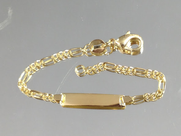 Nikfine 14K gf GOLD CHILDREN / BABIES Small figaro LINK ID PLATE BRACELET 5  inch Long/ free engraving up to 9 letter