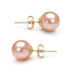 Orien Jewelry 5-10mm AAAA Japanese Pink Freshwater Pearl Earrings Studs 14K Solid Yellow Gold Settings and Matching Push Backs