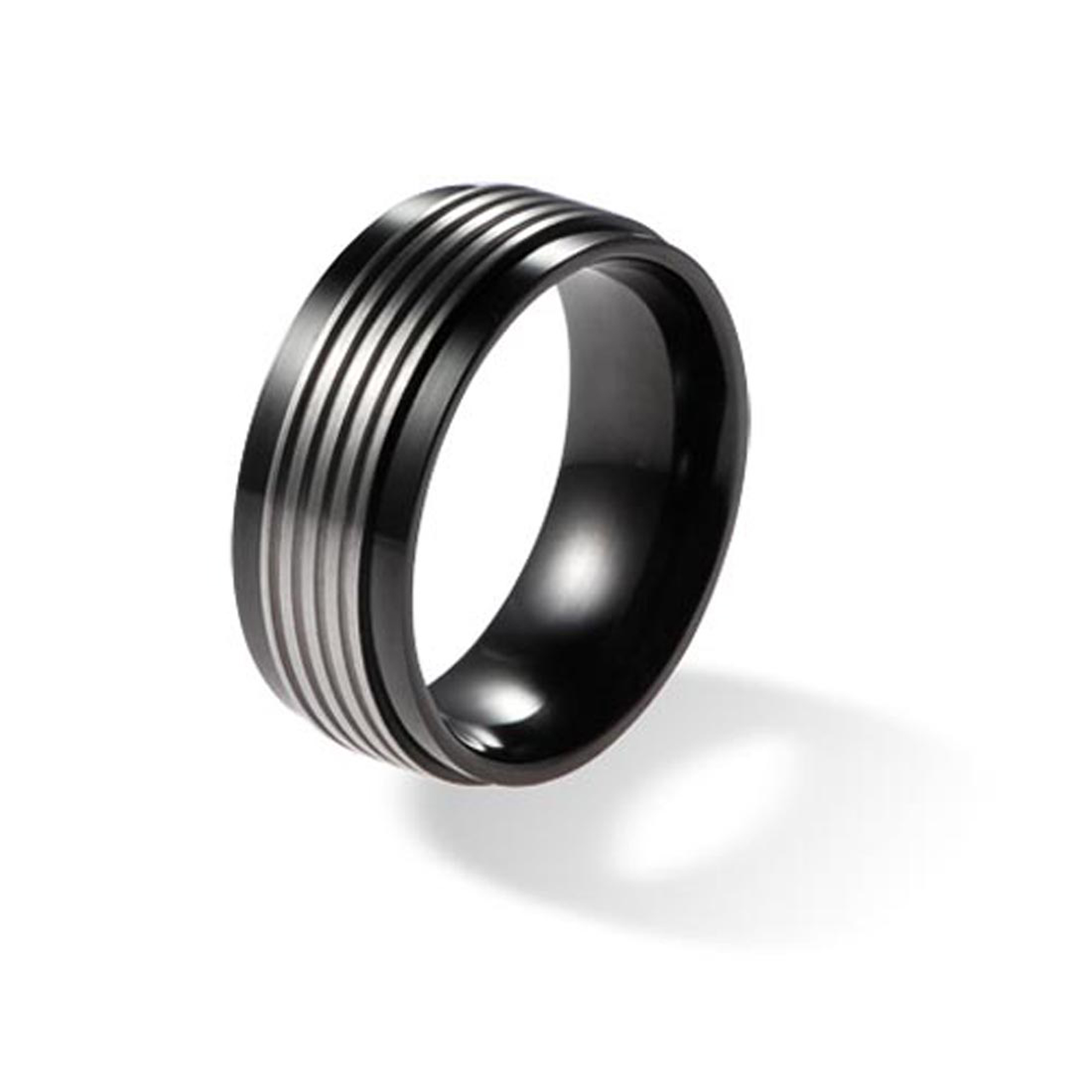 Orien Jewelry 8mm Black Titanium Wedding Band for Men with 4 Polished Thin Grooves Comfort Fit Ring SZ 8-12