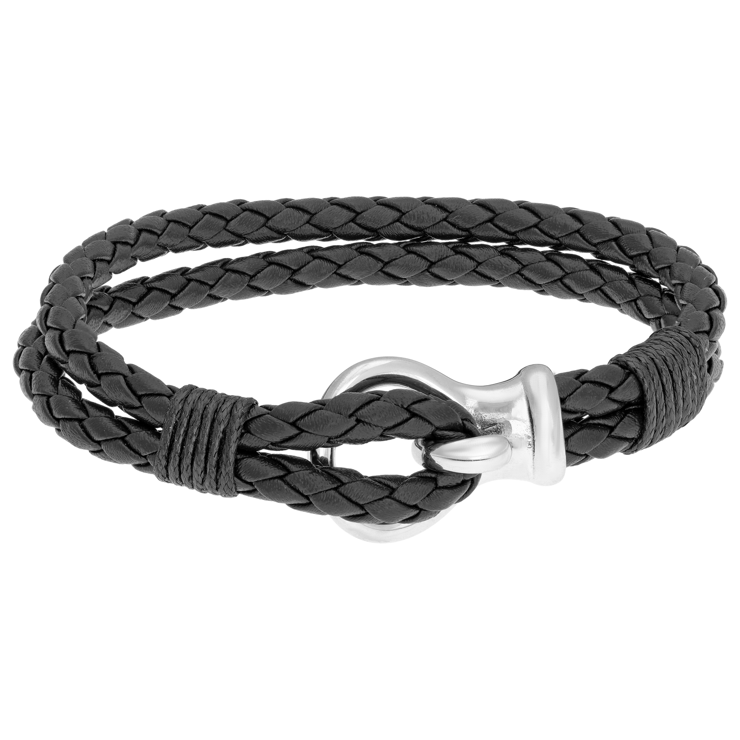Men S Bracelets Sears Lavari Stainless Steel And Black Genuine Leather Bracelet