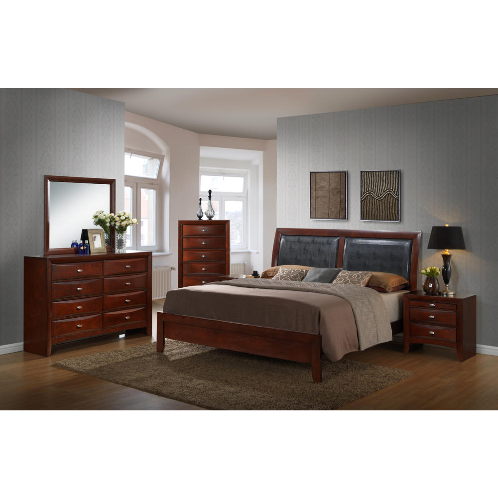 Furnituremaxx Emily 111 Contemporary Wood Bedroom Set, Queen Bed, Dresser, Mirror, 2 Night Stands, Chest, Mahogany