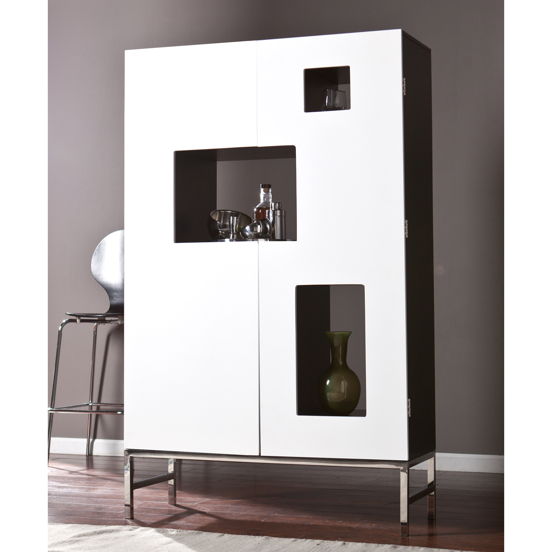 Furnituremaxx Rowena White Stainless Steel Shadowbox Wine/Bar Cabinet          
