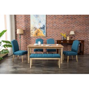 Furnituremaxx Marseille 6 Piece Dining Set White Wash Dining Table With 4 Blue Nail Head Dining Chairs And 1 Bench