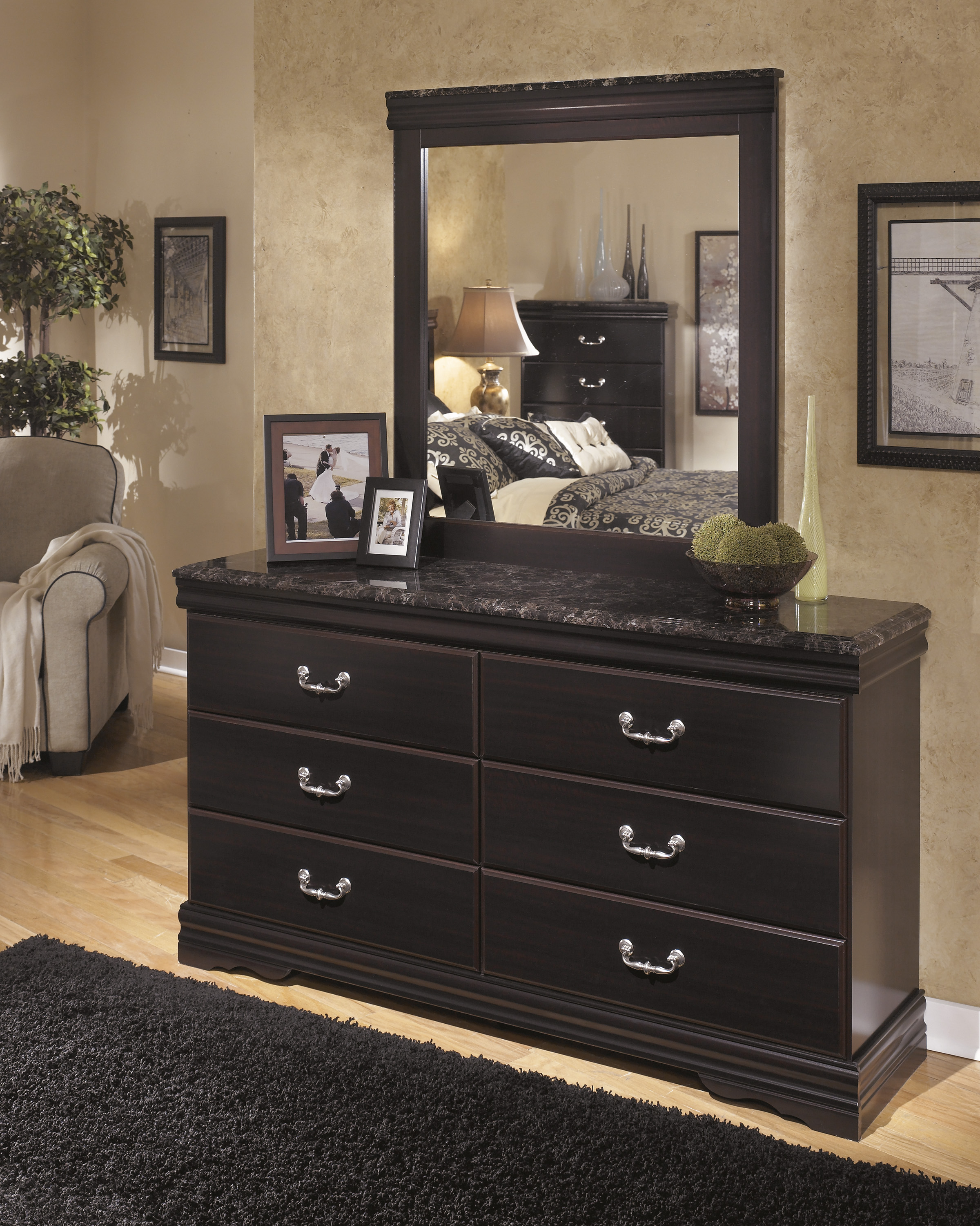 Queen Sleigh Bed Dresser Mirror, Marble Top Dresser Bedroom Set