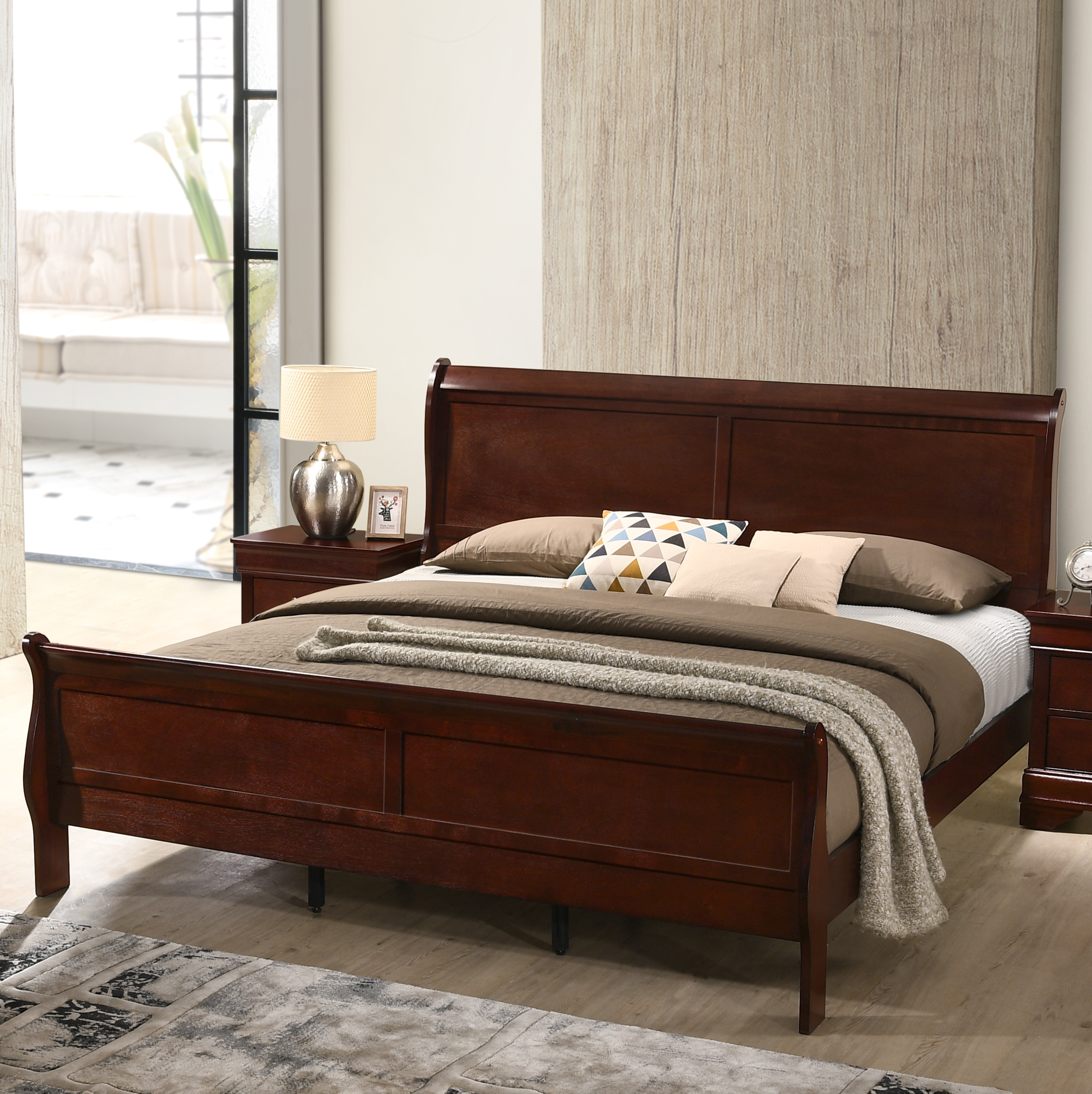 Furnituremaxx Isola Louis Philippe Style Sleigh Bedroom Set, King Bed, Dresser, Mirror and Night Stand, Cherry Finish 