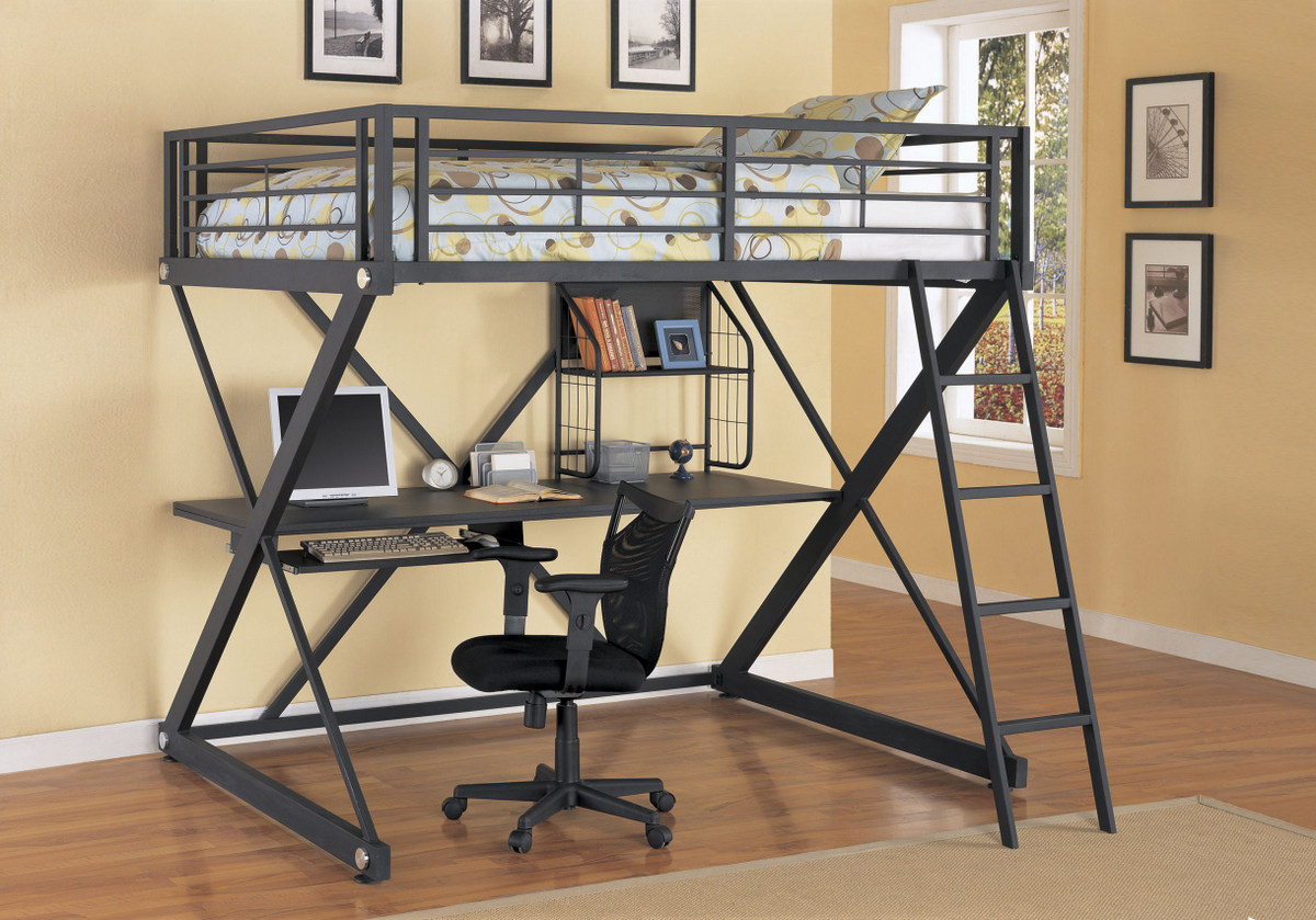 Furnituremaxx Black Z Shape Metal Full Size Loft Bunck Bed with Study Desk