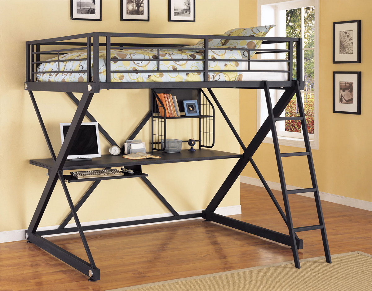 Furnituremaxx Black Z Shape Metal Full Size Loft Bunck Bed with Study Desk