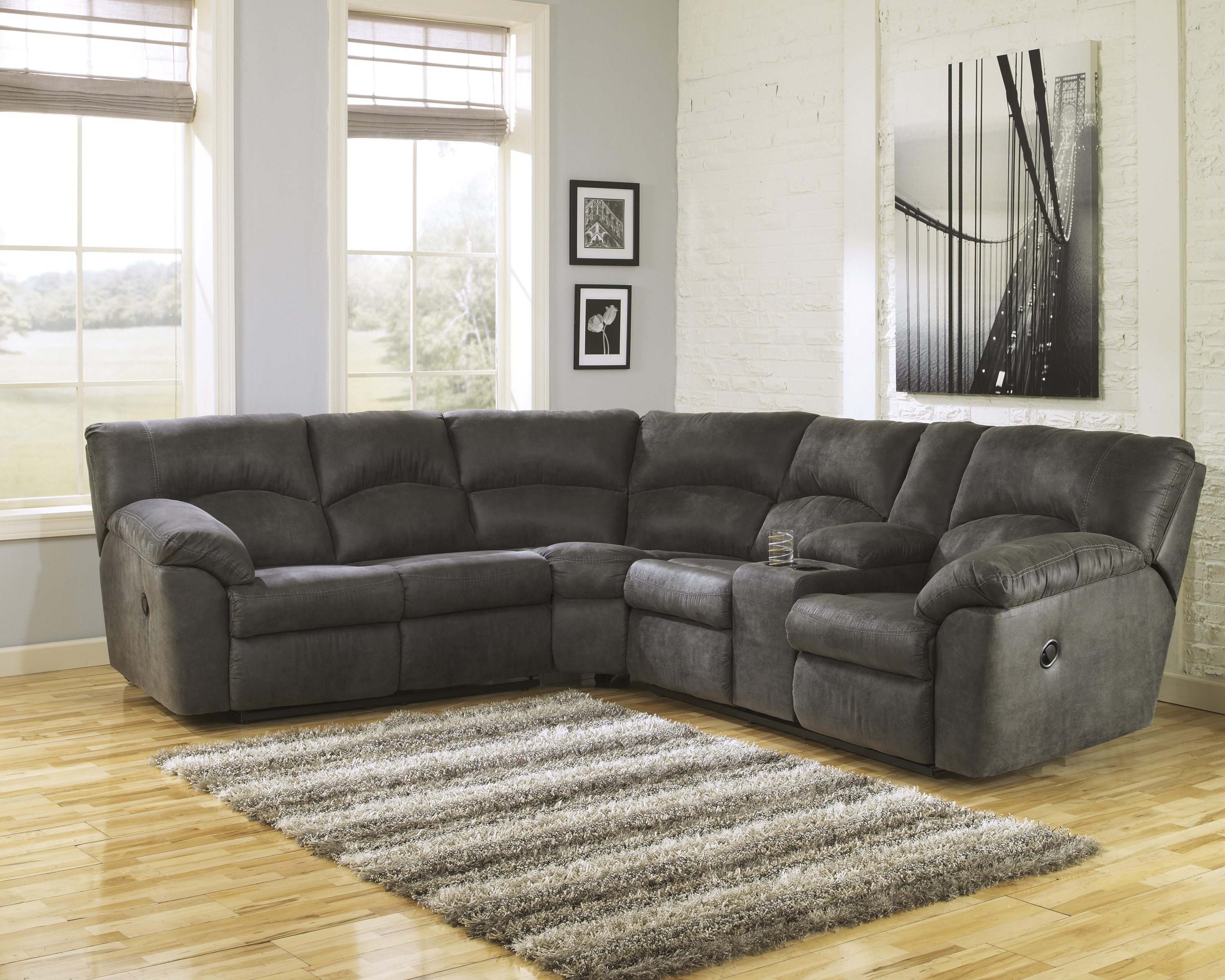 Furniturema Tambo Contemporary Pewter, Reclining Sectional Sofa Microfiber