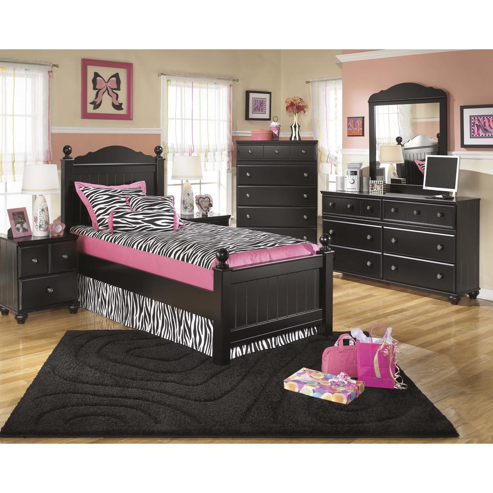Furnituremaxx Jaidyn Youth Wood Poster Bed Room Set in Rich Black Finish  Twin Bed  Dresser  Mirror  Nightstand  Chest