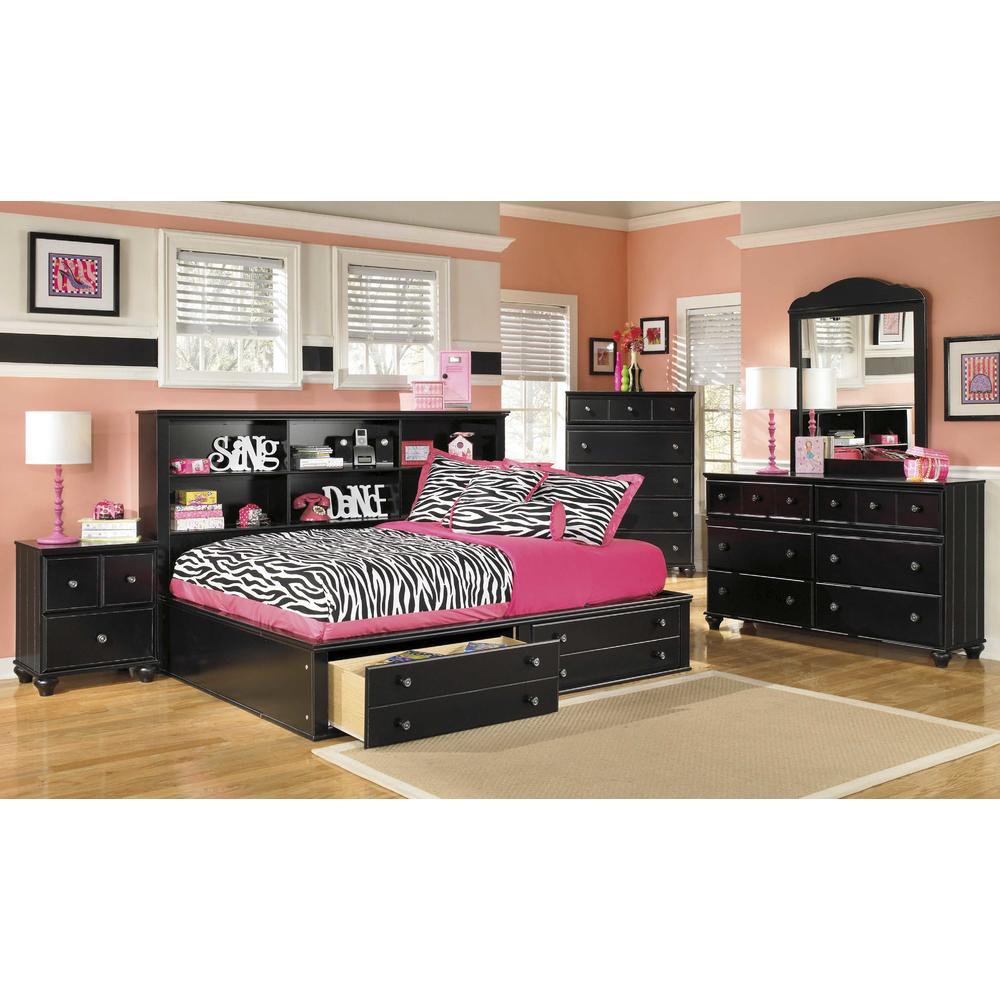 Furnituremaxx Jaidyn Youth Wood Bookcase Storage Bed Room set in Rich Black Finish  Full Bed  Dresser  Mirror  Nightstand  Chest