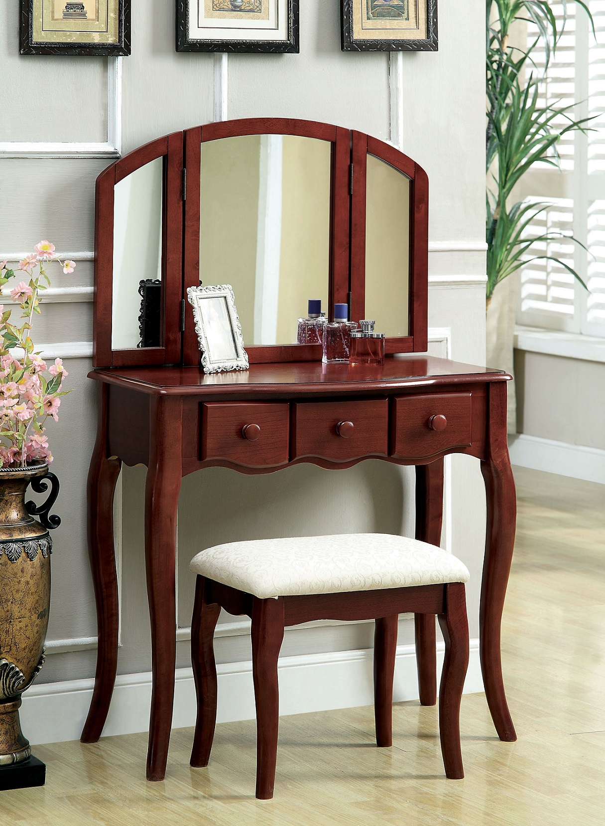 Furnituremaxx Classic Tri-fold Cherry Vanity with Padded Stool