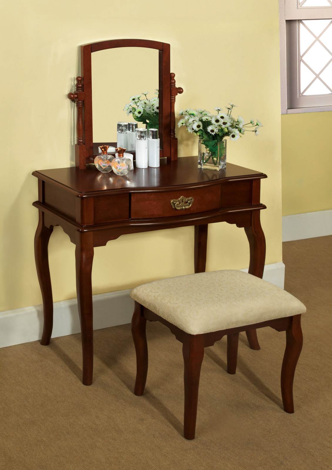 Furnituremaxx Cherry Finish Solid Wood Construction Vanity Table Set