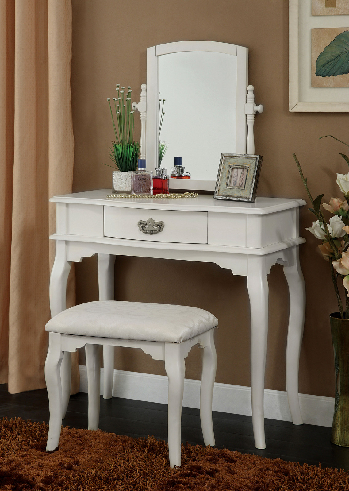 Furnituremaxx White Finish Solid Wood Construction Vanity Table Set