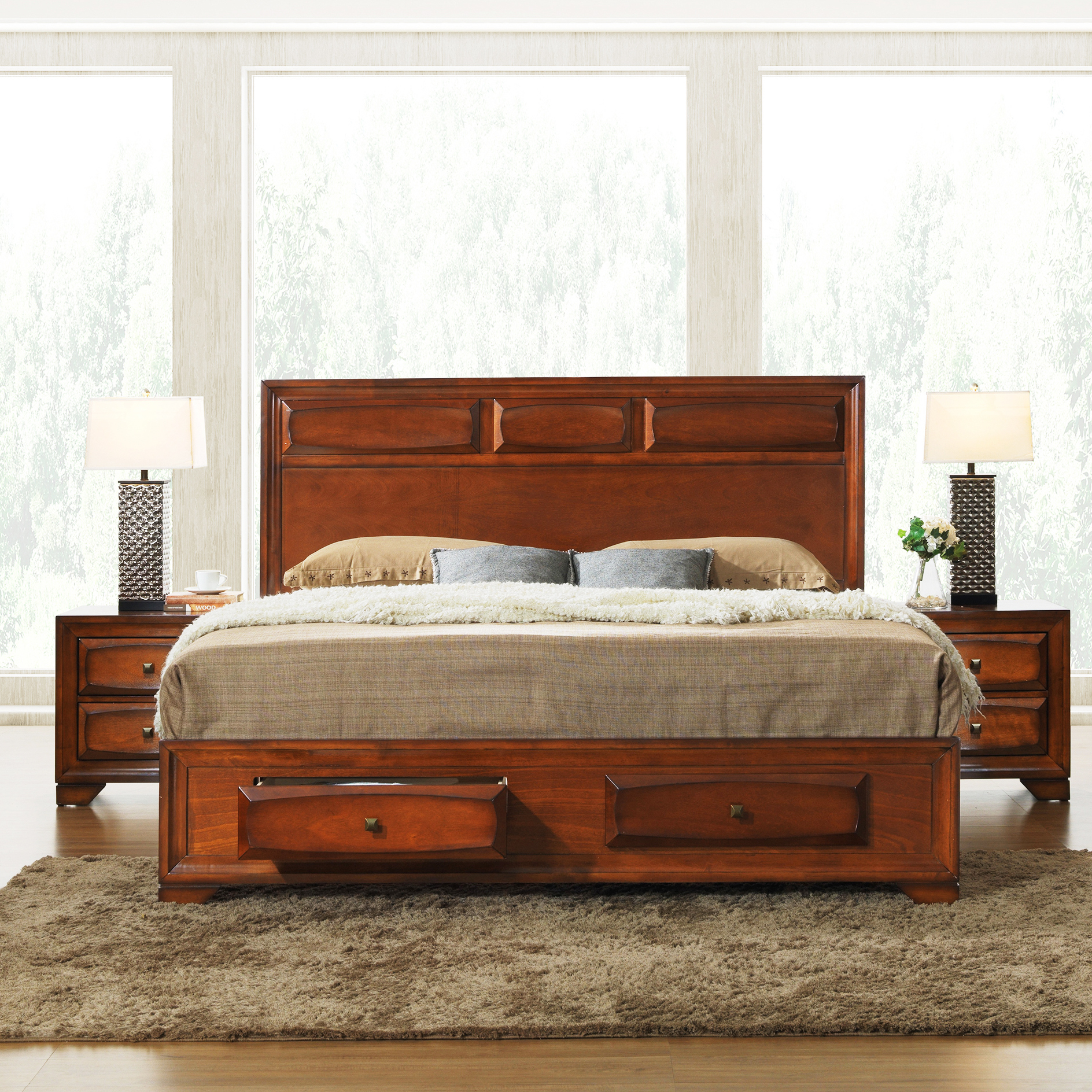Furnituremaxx Oakland 139 Antique Oak Finish Wood Queen Size Storage Platform Bed