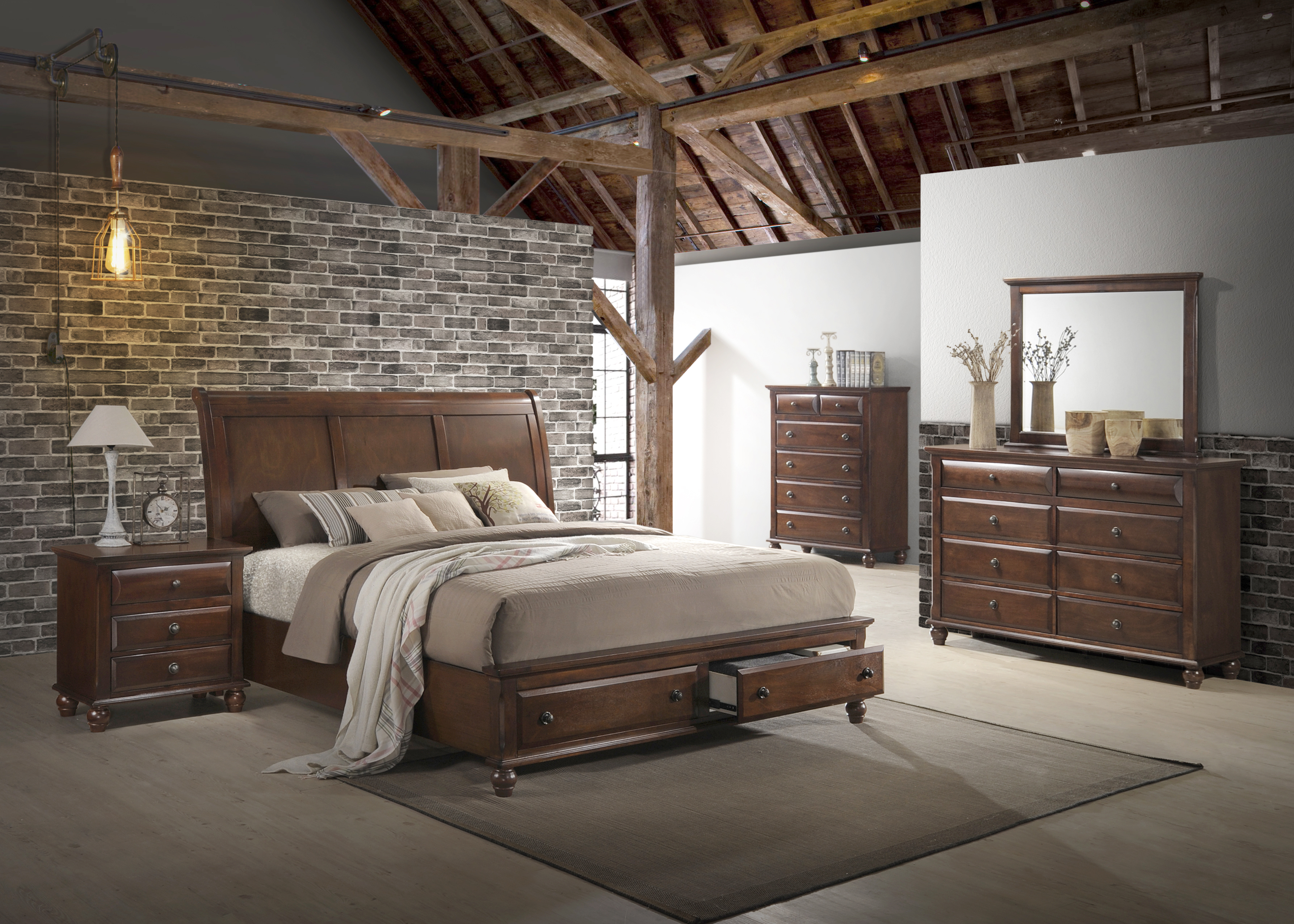 Furnituremaxx Concord Cherry Finish wood Bedroom Set  King Platform Bed  Dresser  Mirror  Night Stand  Chest