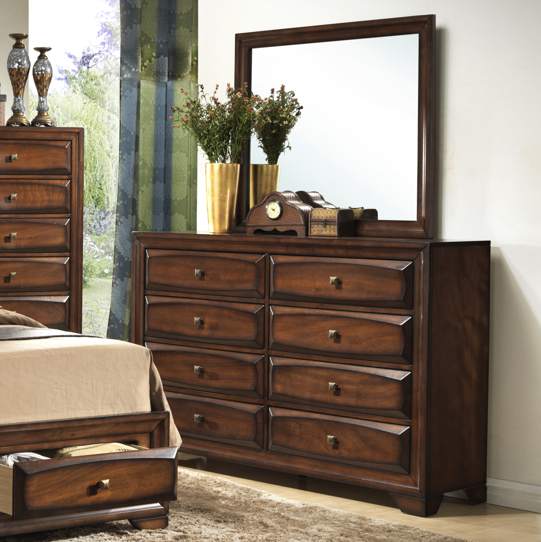 Furnituremaxx Oakland 139 Antique Oak Finish Wood 6 Drawers Dresser and Mirror