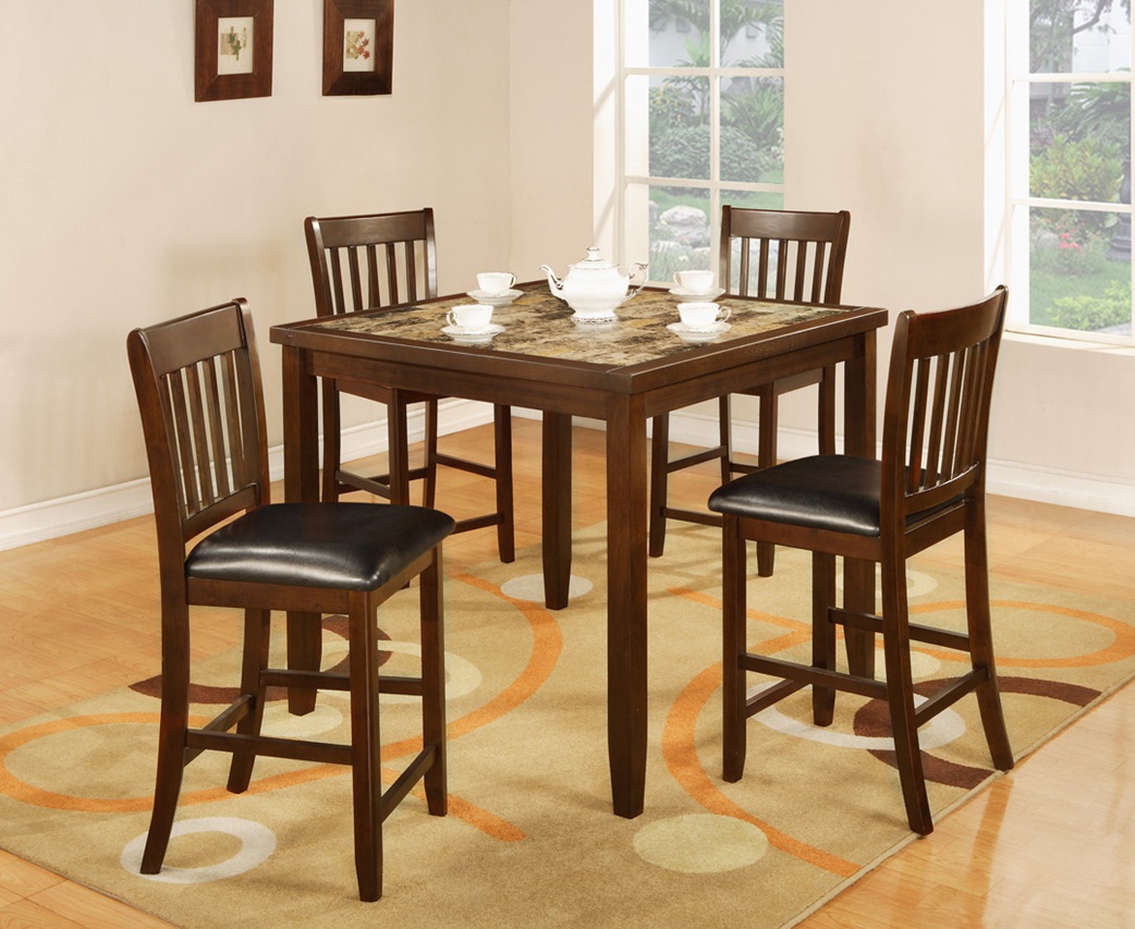 Furnituremaxx 5PC Dark Cappuccino Finish Solid Wood Counter Height Dining Set with Fake Marble top