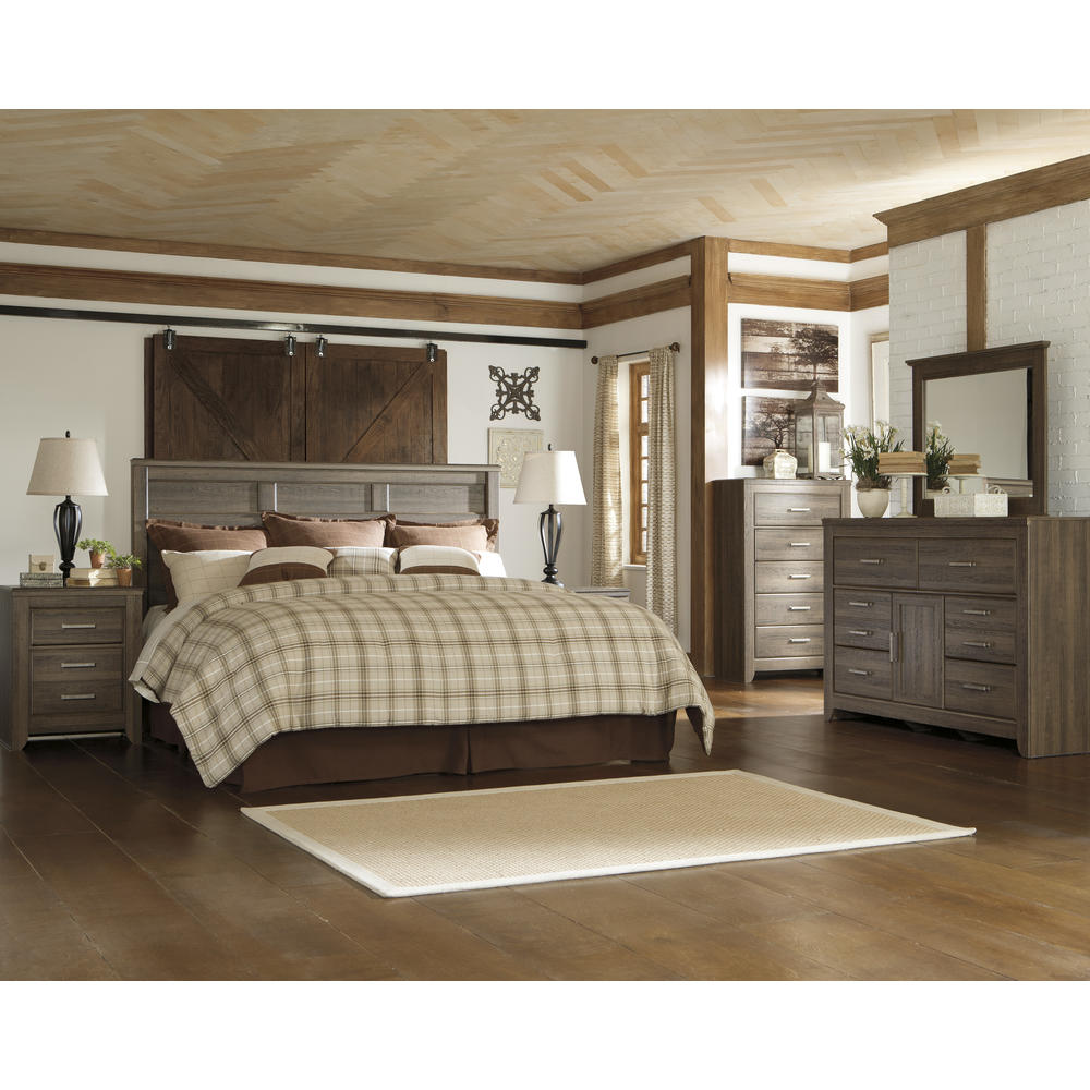 Furnituremaxx Juararoy Dark Brown Replicated rough-sawn oak Bed Room Set, King Panel Headboard, Dresse, Mirror, Two Nightstands, Chest